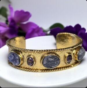 18k Gold Plated Artisan Genuine Amethyst Cuff Bangle Bracelet